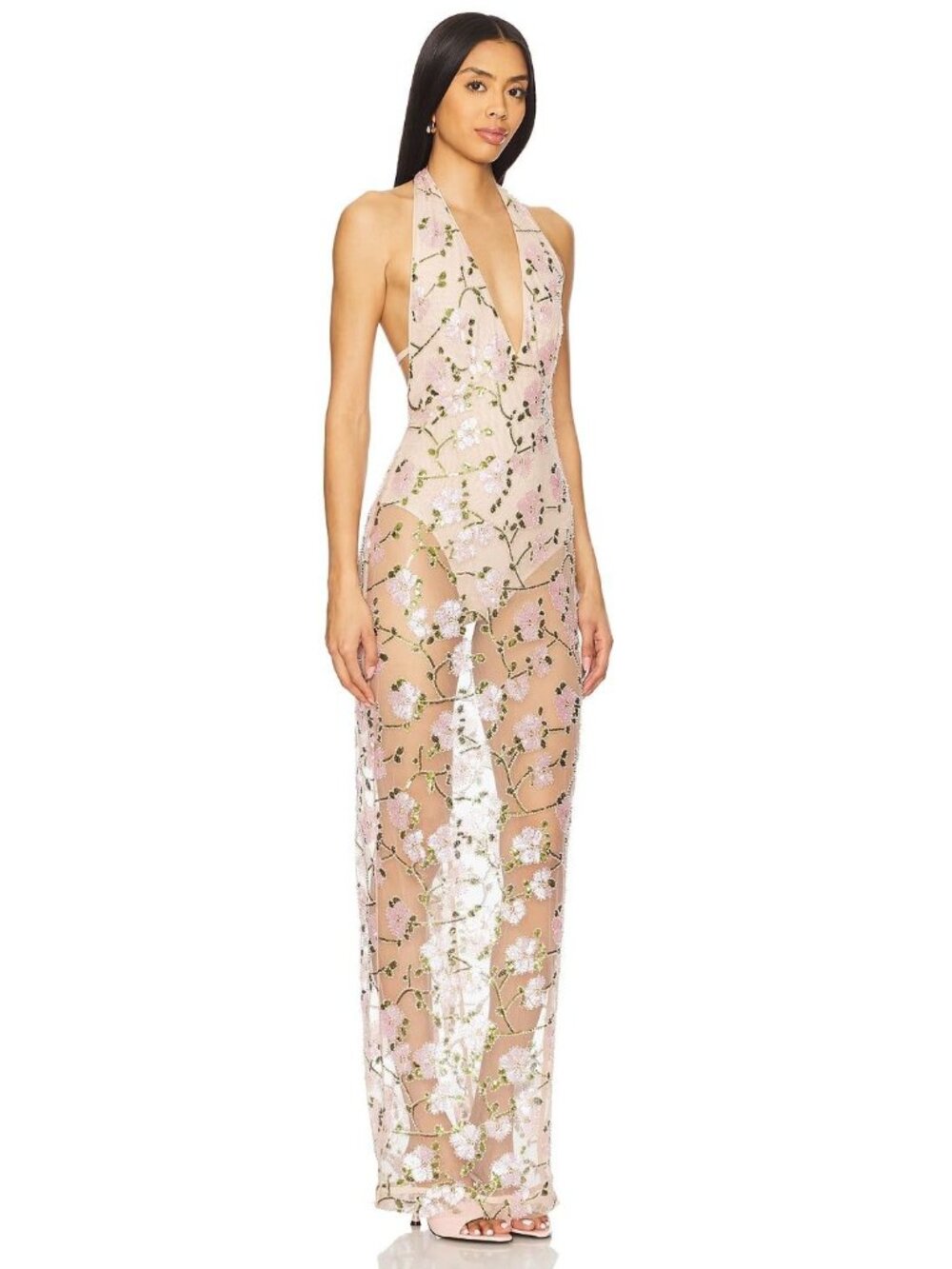 Sau Lee Olympia Sheer Mesh Maxi Dress Nude Womens Size 4